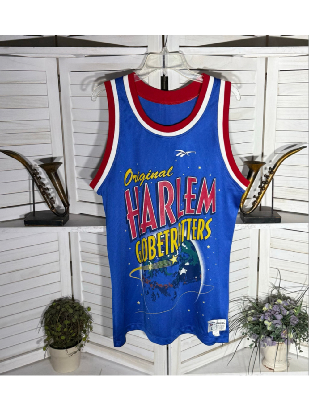 Vintage Harlem Globetrotters jersey blue basketball graphics Reebok Hobley USA L